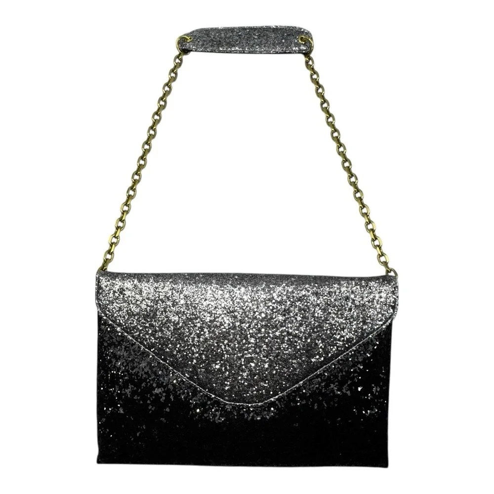 J CREW Black Silver Glitter Chain Cocktail Party Small Envelope Purse Bag Clutch
